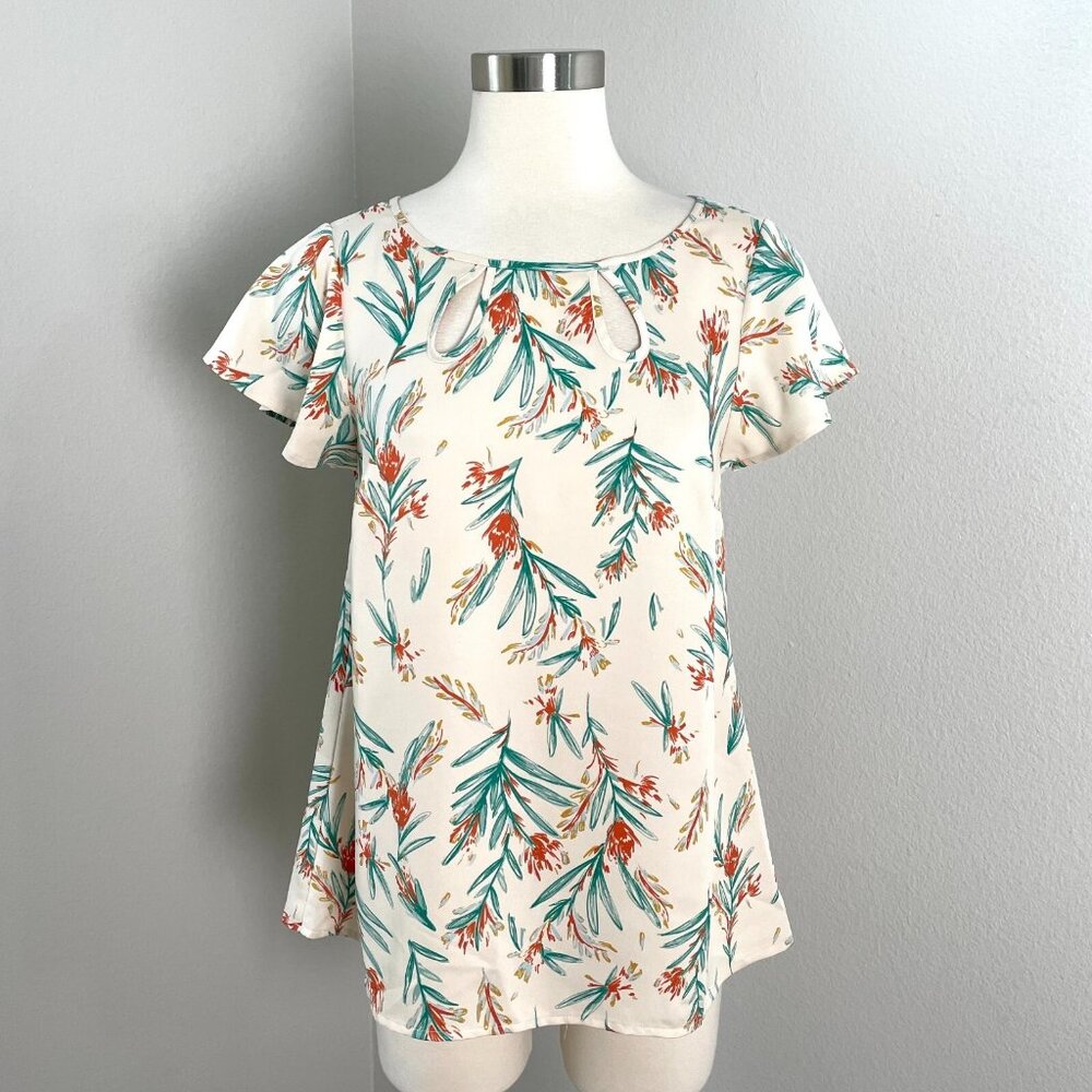ModCloth Womens Medium Floral Blouse Keyhole Front‎ Shirt Top Short Sleeve